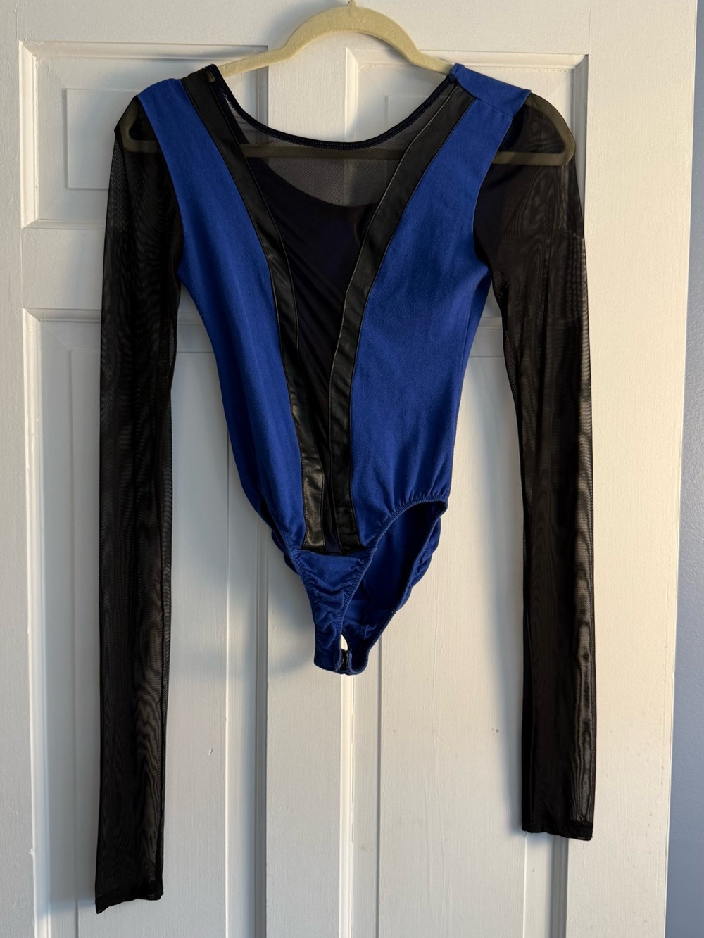 Women’s Blue & Black Long-Sleeve Mesh Panel Bodysuit
